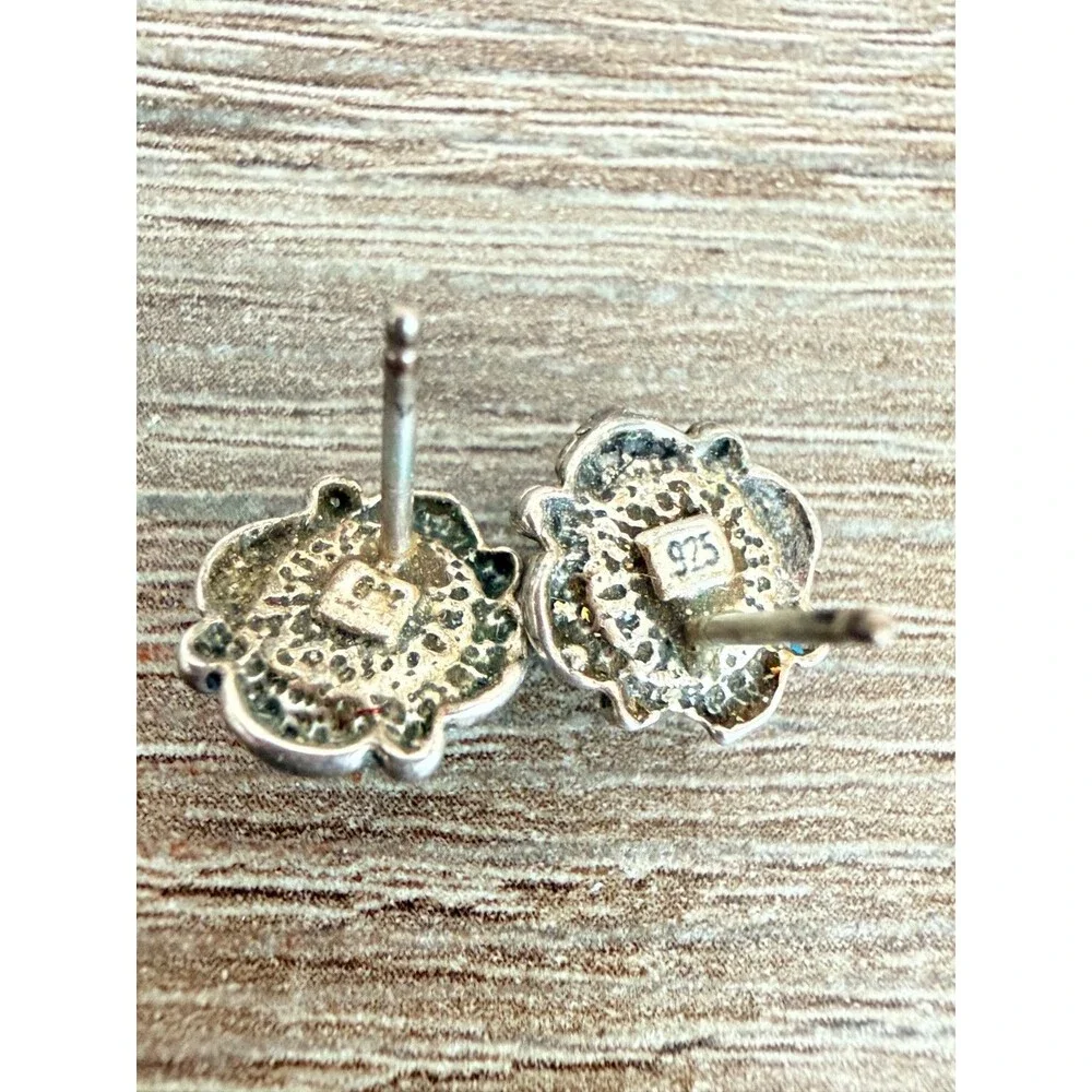 Vintage 925 Sterling Silver Opal Stud Earrings Round Floral Artisan Beautiful v